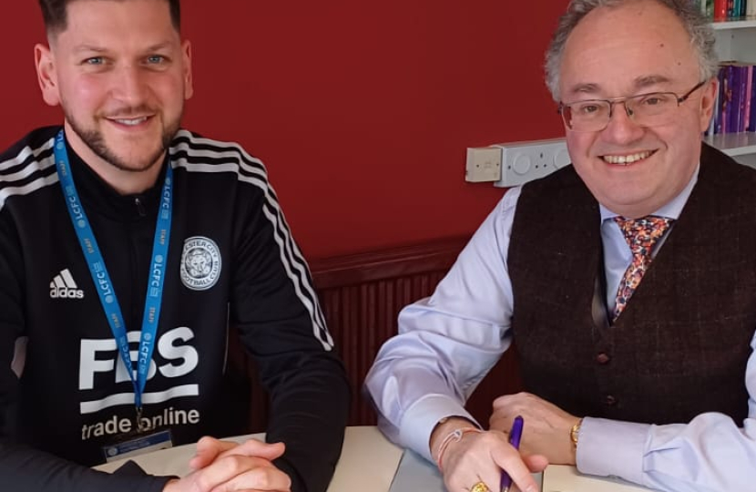 Photo:Rupert Matthews with Joe McSharry, LCFC Community Coordinator (Football Welcomes and Charnwood Lead)