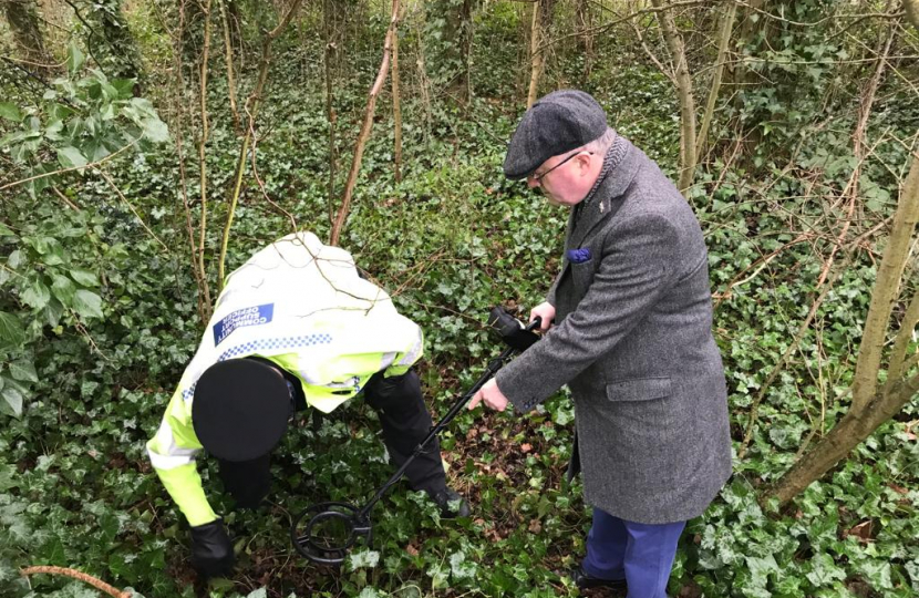 Rupert Matthews in Stokeswood Park searching for weapons with metal detector