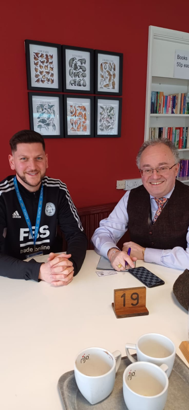 Photo:Rupert Matthews with Joe McSharry, LCFC Community Coordinator (Football Welcomes and Charnwood Lead)